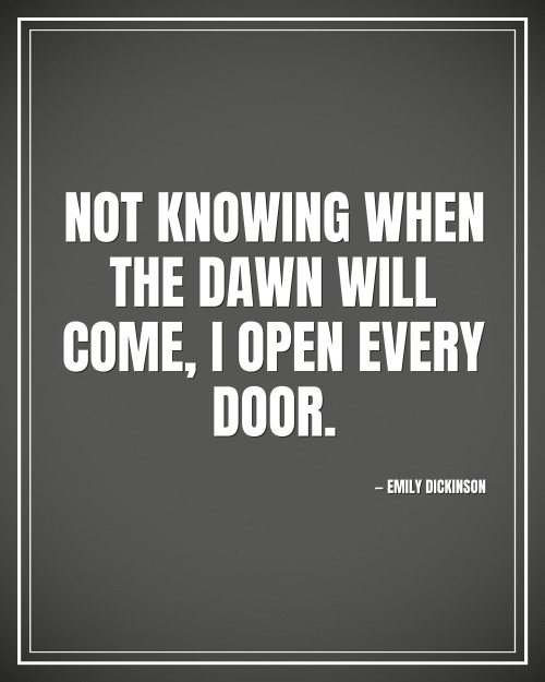 Not knowing when the dawn will come, I open every door. - Emily Dickinson motivational poster