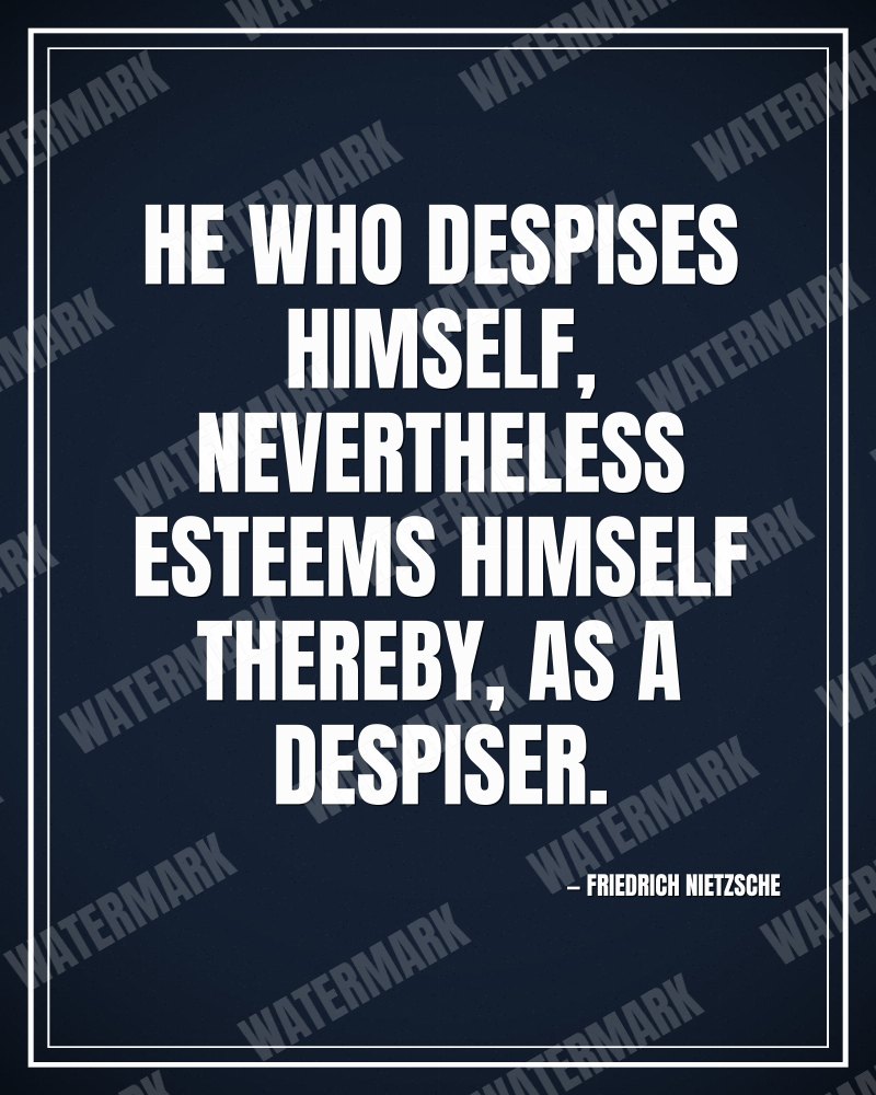 He who despises himself, nevertheless esteems himself thereby, as a despiser. - Friedrich Nietzsche motivational poster
