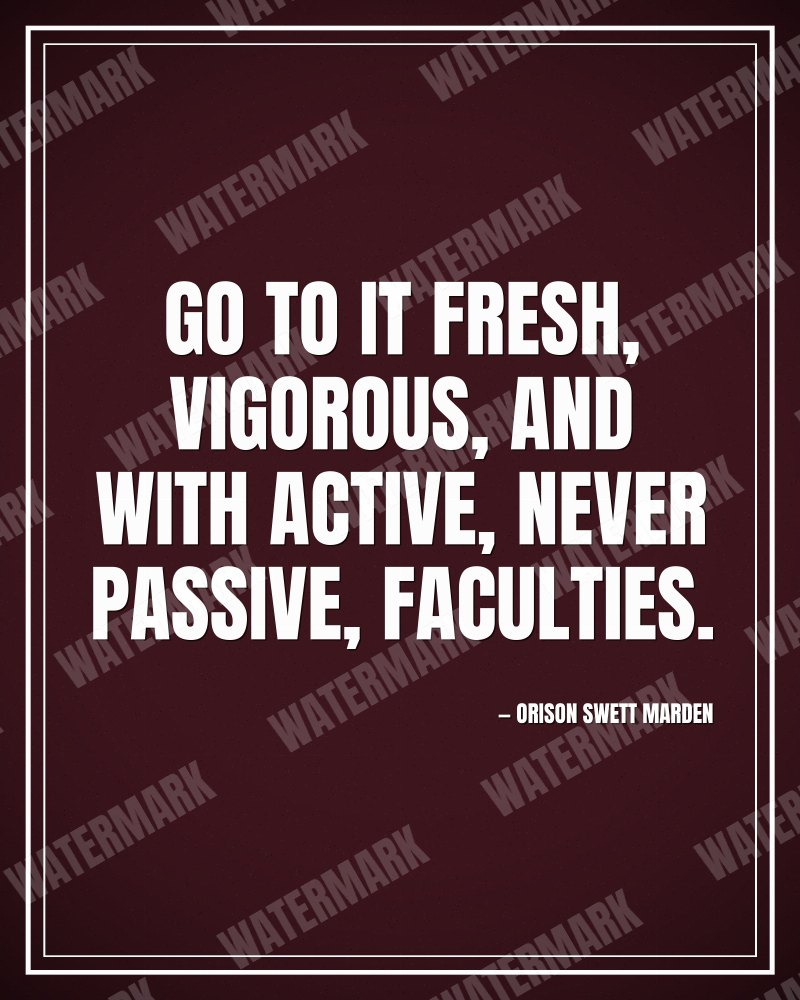 Go to it fresh, vigorous, and with active, never passive, faculties. - Orison Swett Marden motivational poster