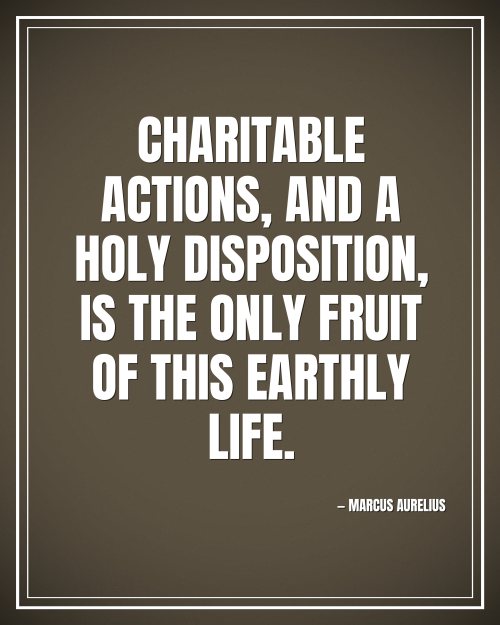 Charitable actions, and a holy disposition, is the only fruit of this earthly life. - Marcus Aurelius motivational poster
