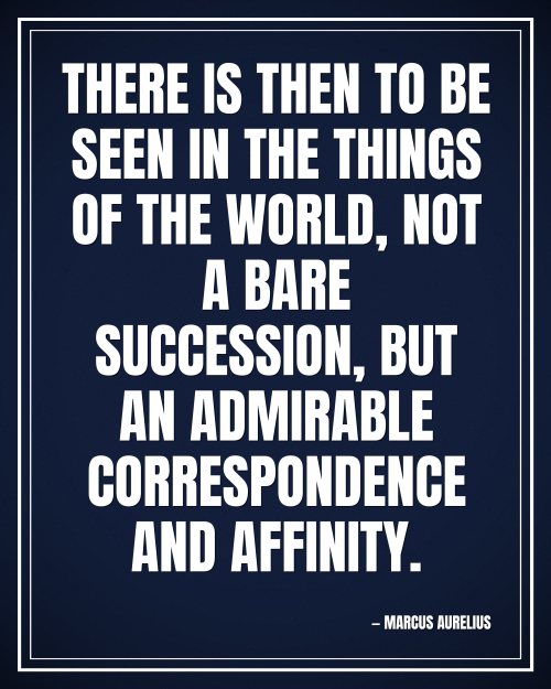 There is then to be seen in the things of the world, not a bare succession, but an admirable correspondence and affinity. - Marcus Aurelius motivational poster